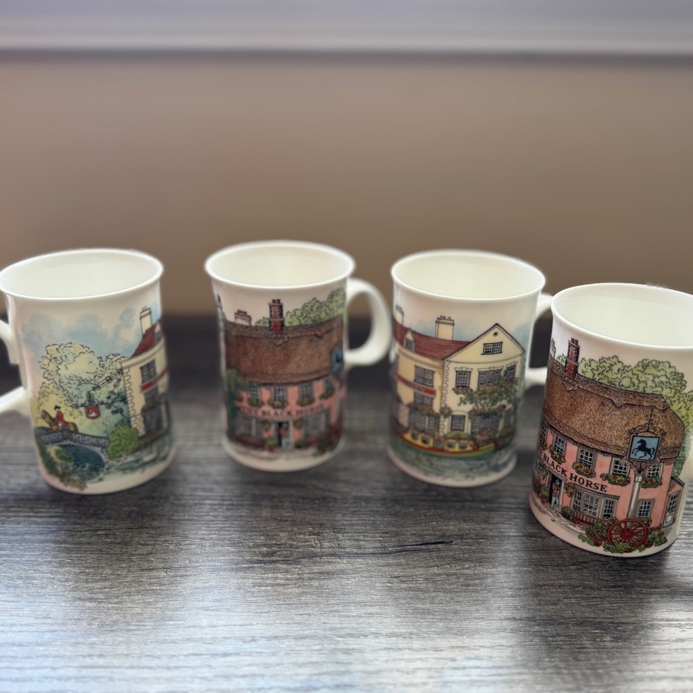 Vintage Dunoon "Village Inn's" Fine Bone China by Sue Scullard | Set of 4 Mugs